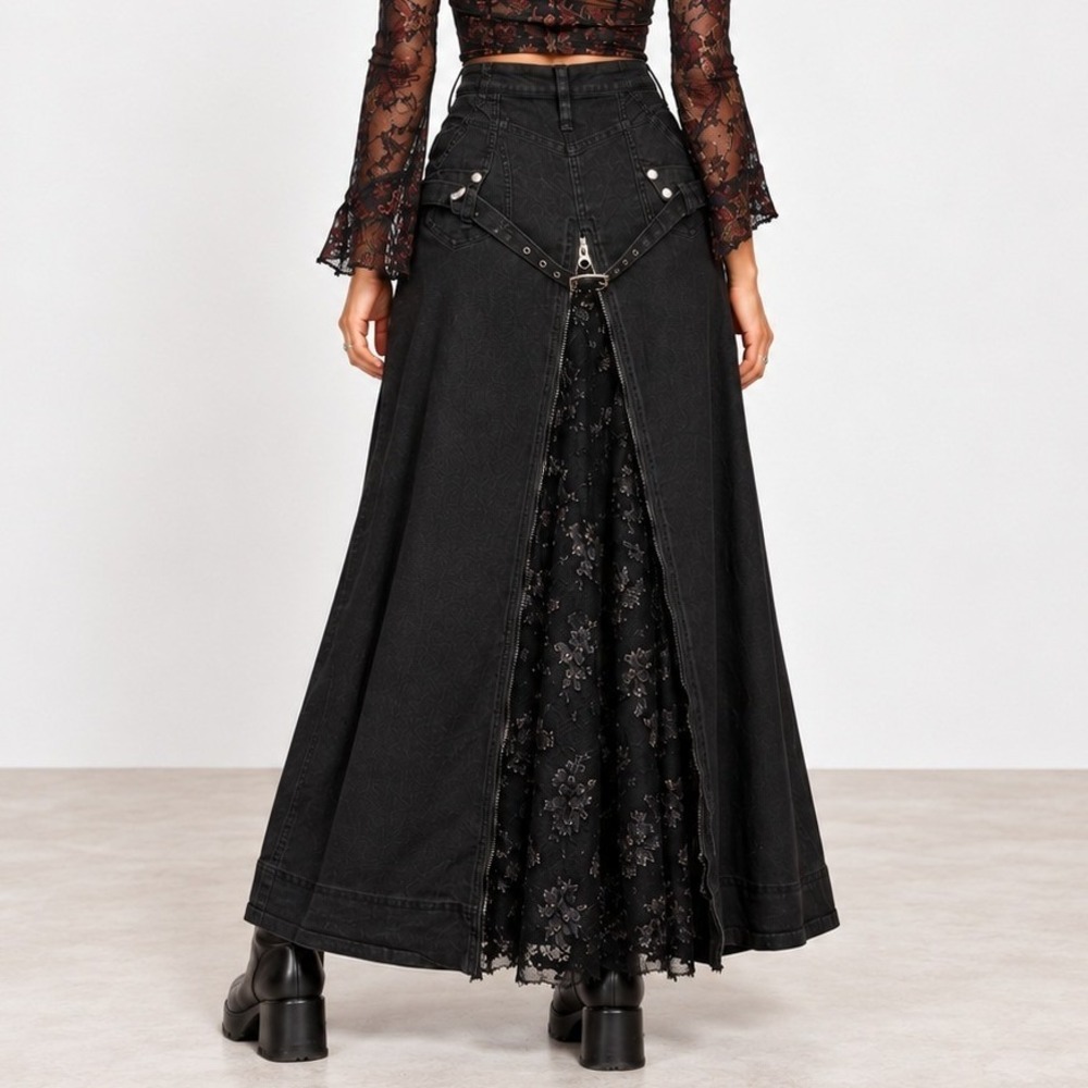 Lip Service Maxi Denim Skirt Women M Black Lace Panel Zip Goth Vtg Y2K Punk Vamp